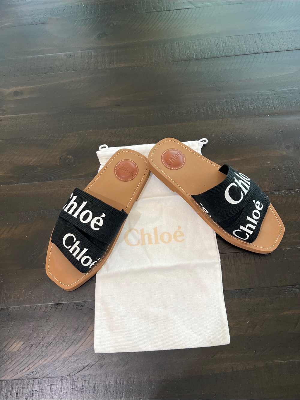 Chloé Black and Tan Logo Slide Sandals